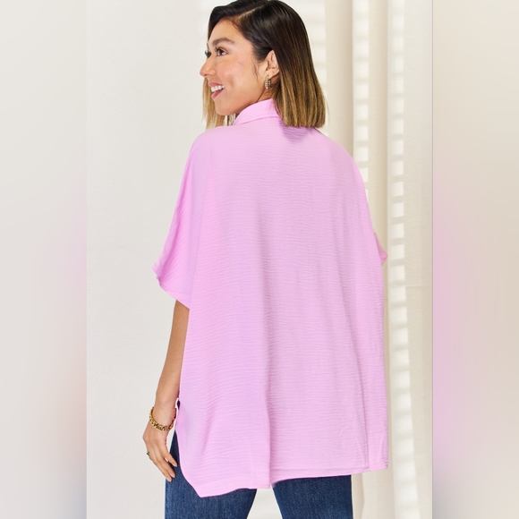 Zenana Texture Button Up Short Sleeve High-Low Shirt - Picture 3 of 5